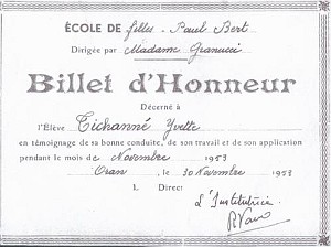 ECOLE PAUL BERT FILLES 1953 BILLET D HONNEUR
